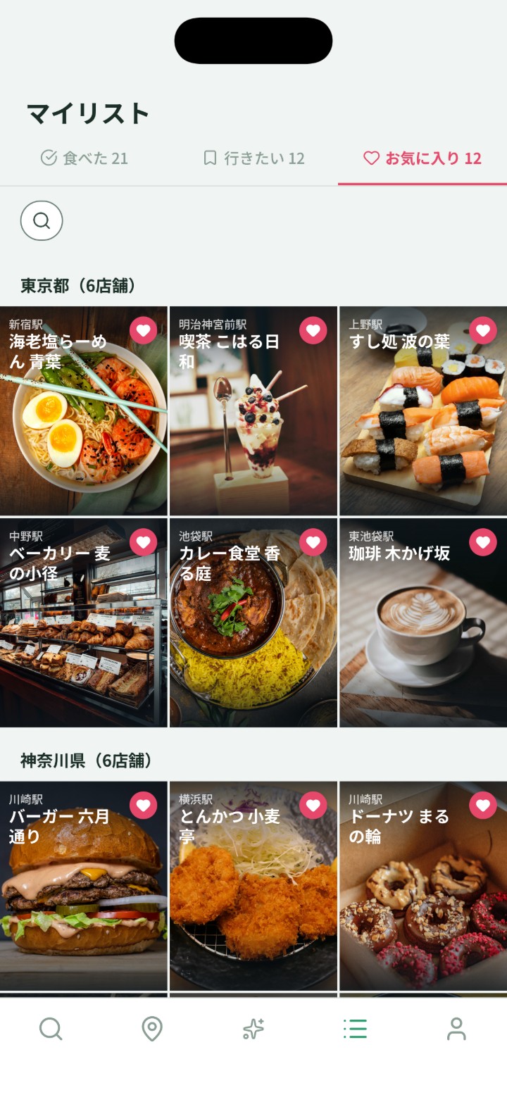お気に入りの6店舗が写真で並ぶ一覧
